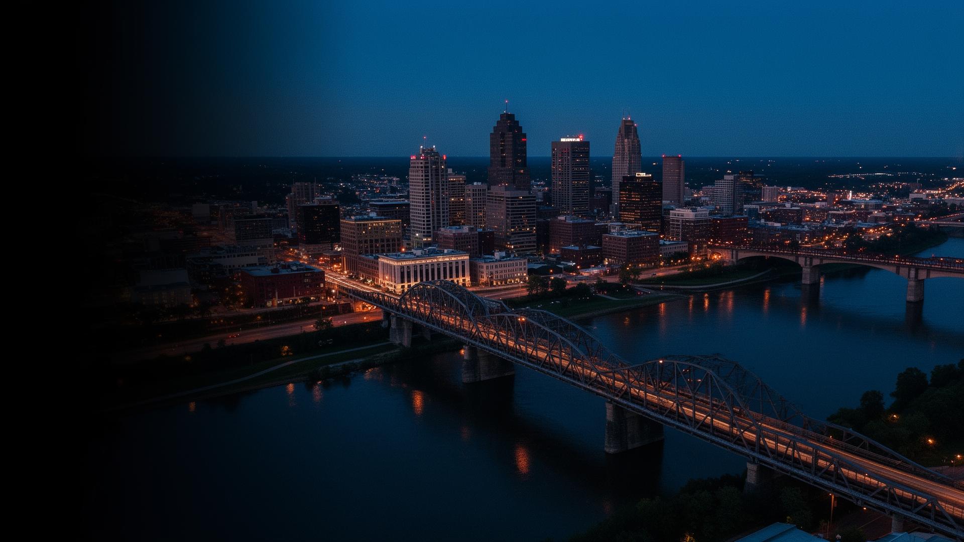Louisville Kentucky skyline at twilight over the Ohio River